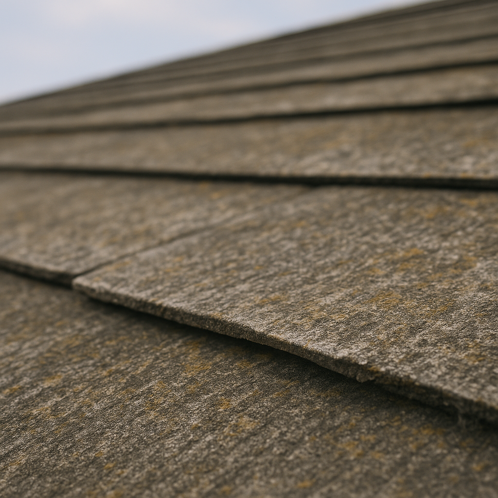 経年劣化で表面が摩耗し、先端がわずかに浮いているスレート屋根
