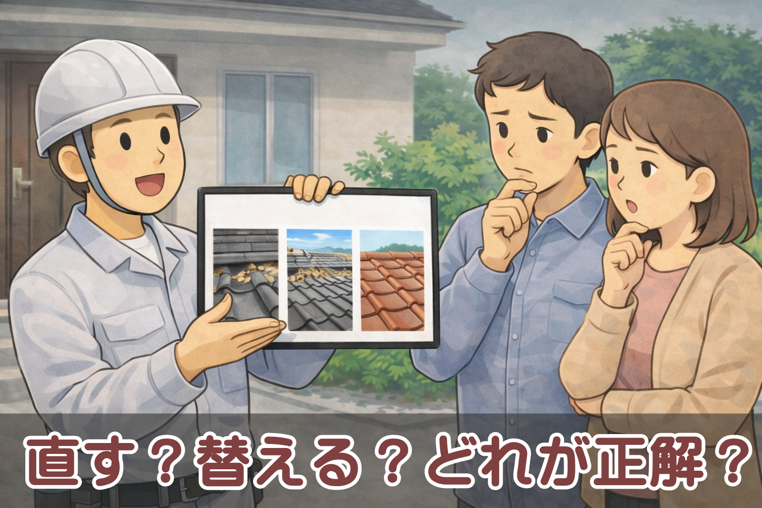 瓦屋根の部分補修・葺き直し・葺き替えを比較するイメージ