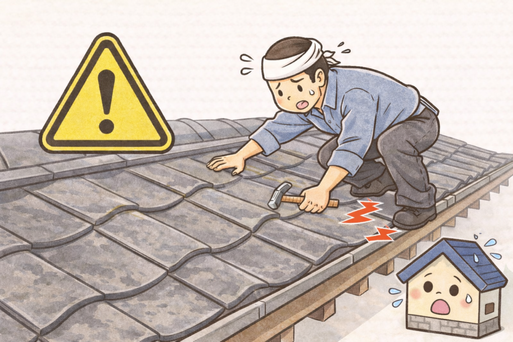 足場を省いた屋根工事による施工不良リスクのイメージ