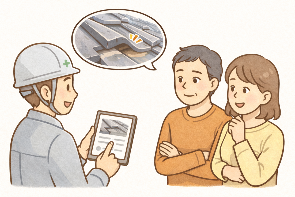 台風後に瓦屋根を点検して状態を確認している様子