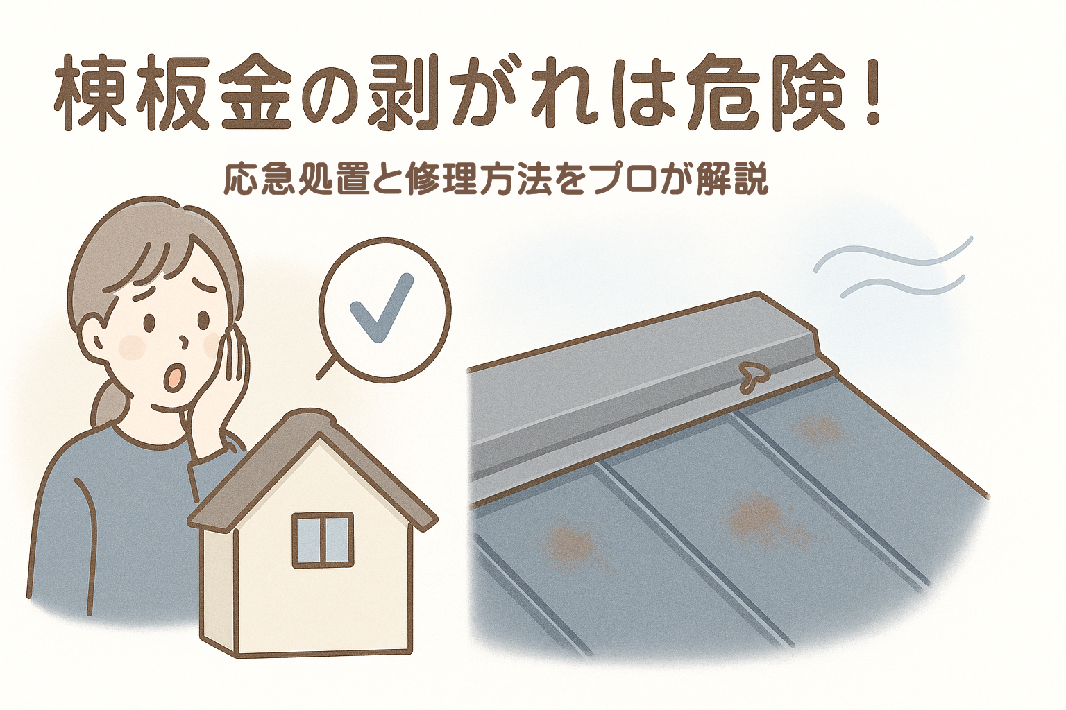 棟板金が浮いた屋根を驚いた表情で見上げる人物のイラスト（棟板金の剥がれを強調したデザイン）