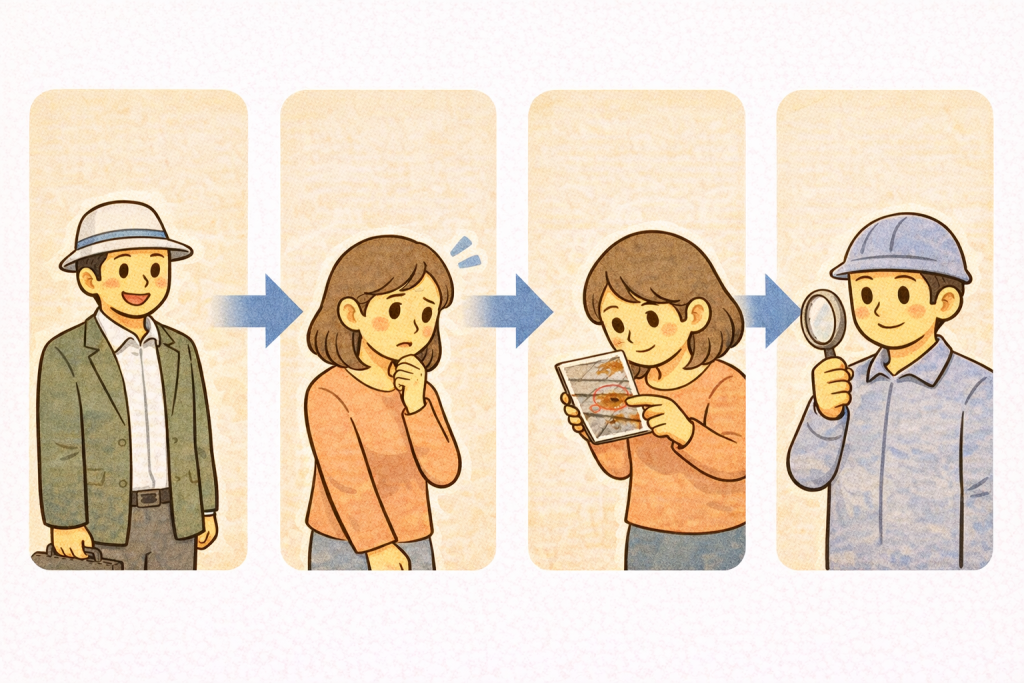 訪問販売で屋根のサビを指摘された際に冷静に判断する手順を示した図