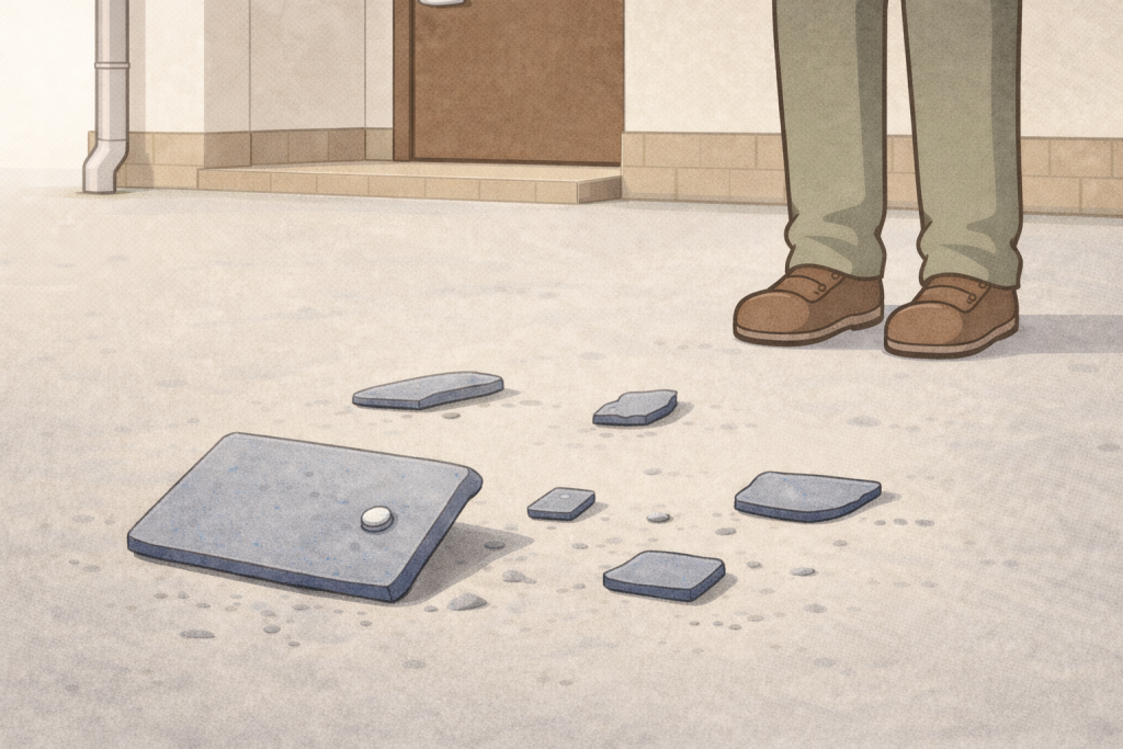 玄関付近に落ちた屋根材の破片と人が近づくと危険な状況
