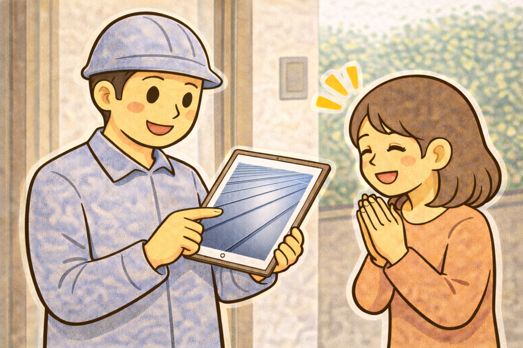 金属屋根の状態を落ち着いて相談しながら確認している様子