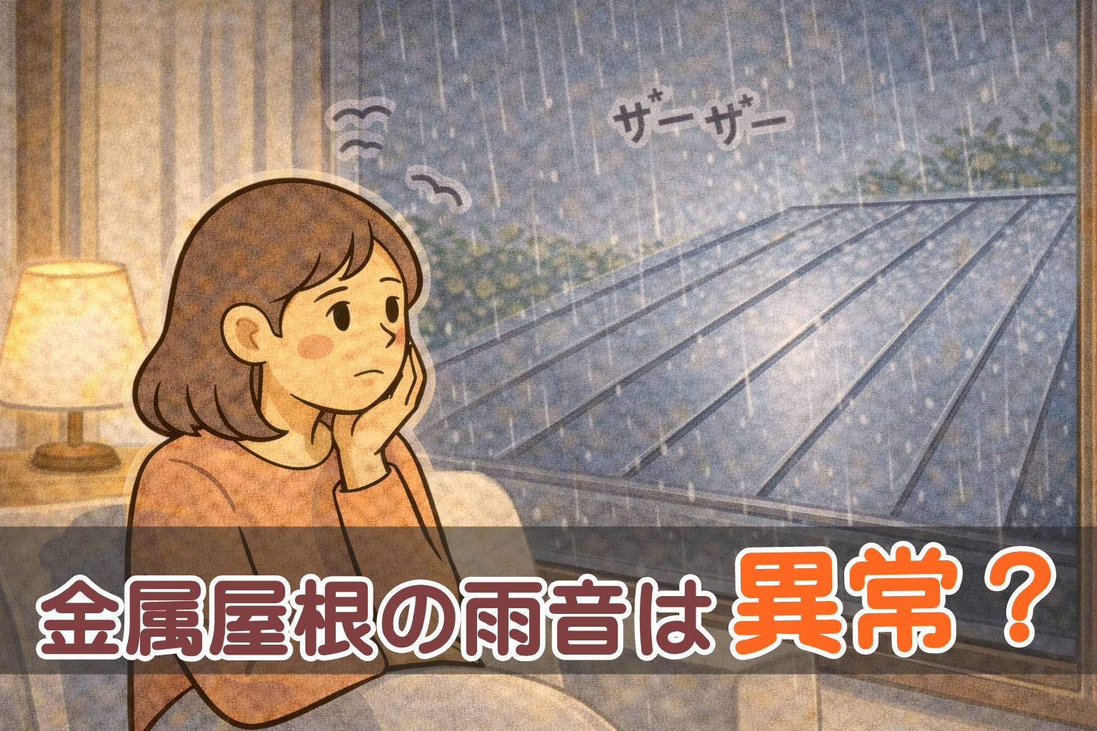 金属屋根の家で雨音が気になり理由を考えている住人の様子
