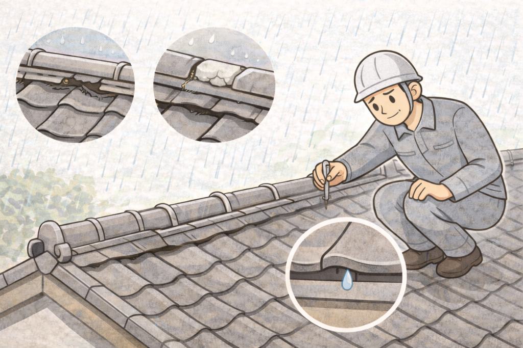 梅雨前に確認したい瓦屋根の棟や漆喰の劣化ポイントのイメージ