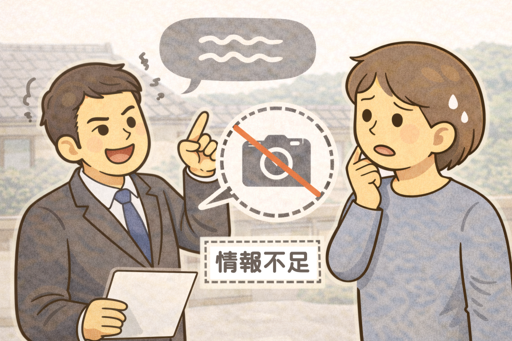 写真を見せずに瓦屋根の状態を口頭説明している点検の様子