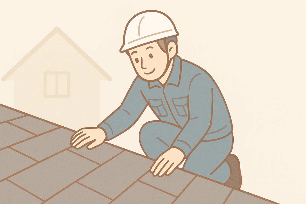 代表の作業員が屋根材を近くで丁寧に確認している、葺き替え前の点検イメージイラスト。
