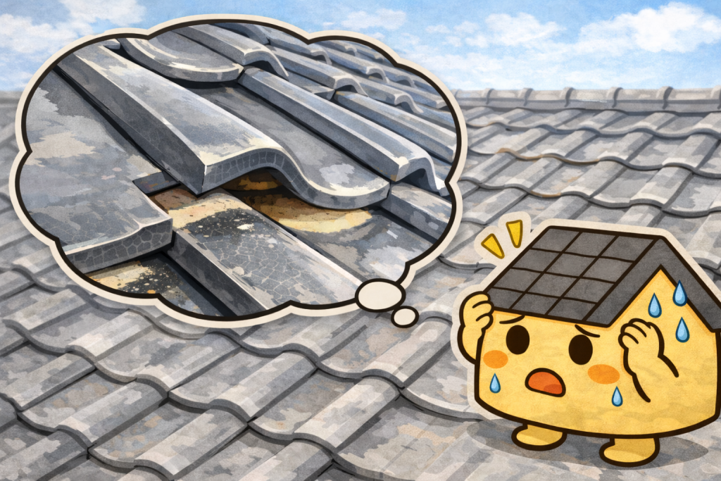 台風の強風で瓦が浮いたりズレたりしている状態のイメージ