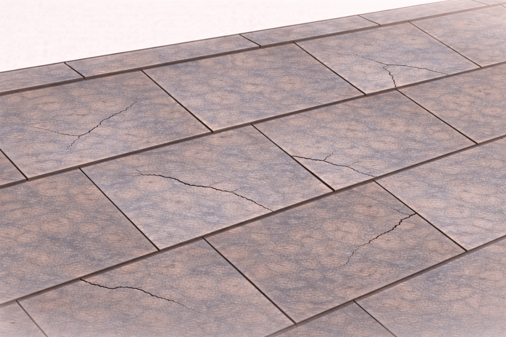 コロニアル形状のスレート屋根で複数箇所に割れが発生している劣化状態のイメージ
