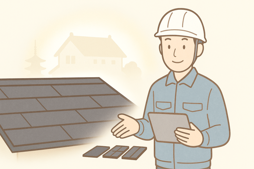 スレート屋根リフォームのメインイメージ。作業員キャラがタブレットを持ち、左側にスレート屋根が描かれた安心感のある2Dイラスト
