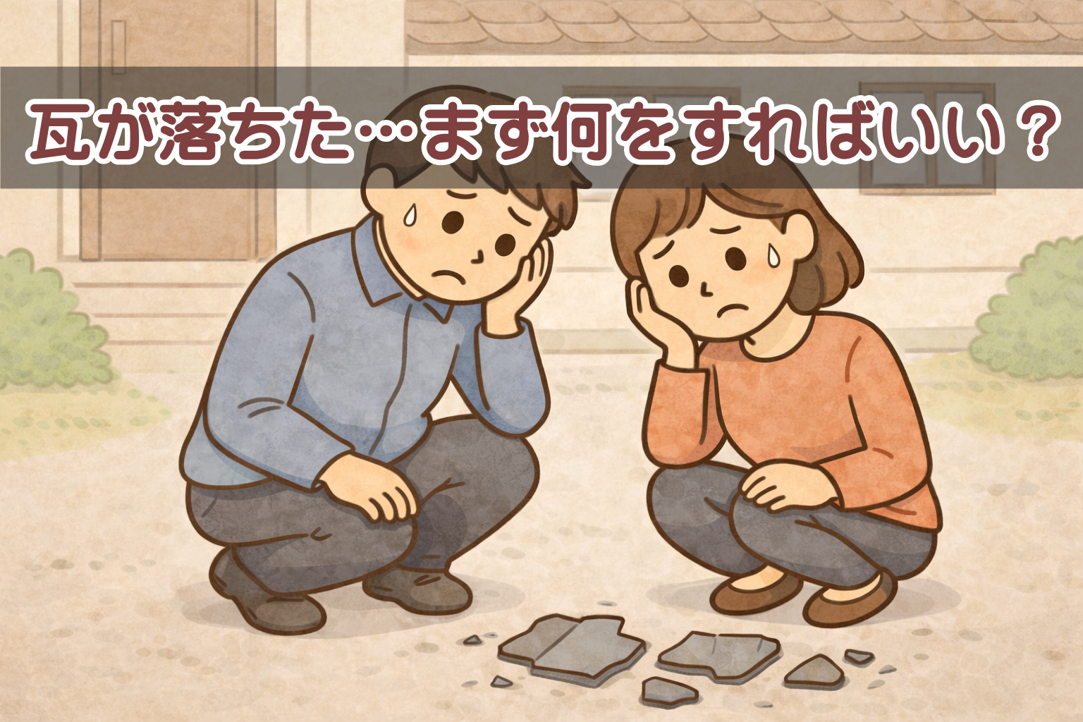 地面に落下した瓦と瓦屋根のある住宅の様子