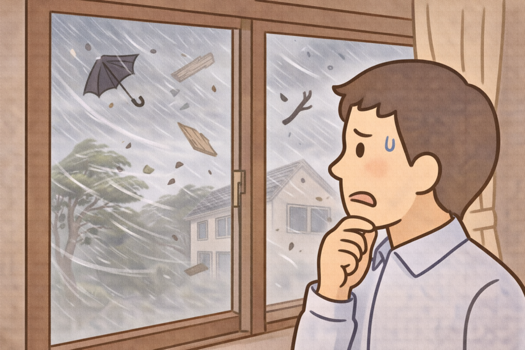 台風や飛来物によるスレート屋根被害が火災保険対象になる可能性を示すイメージ
