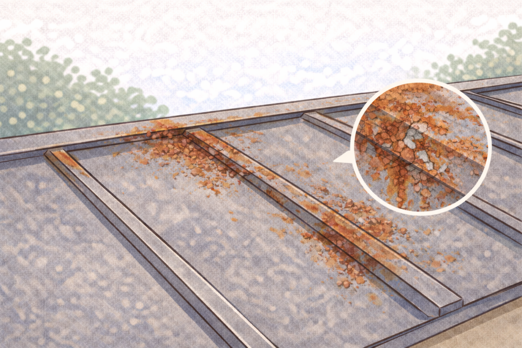 赤サビが発生してサビ止め塗装が必要な金属屋根の状態