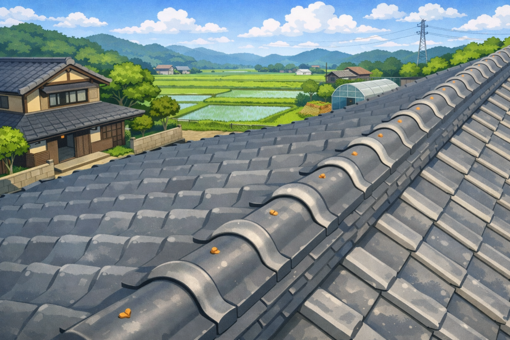 瓦屋根を撤去して新しい屋根材に葺き替えている工事の様子