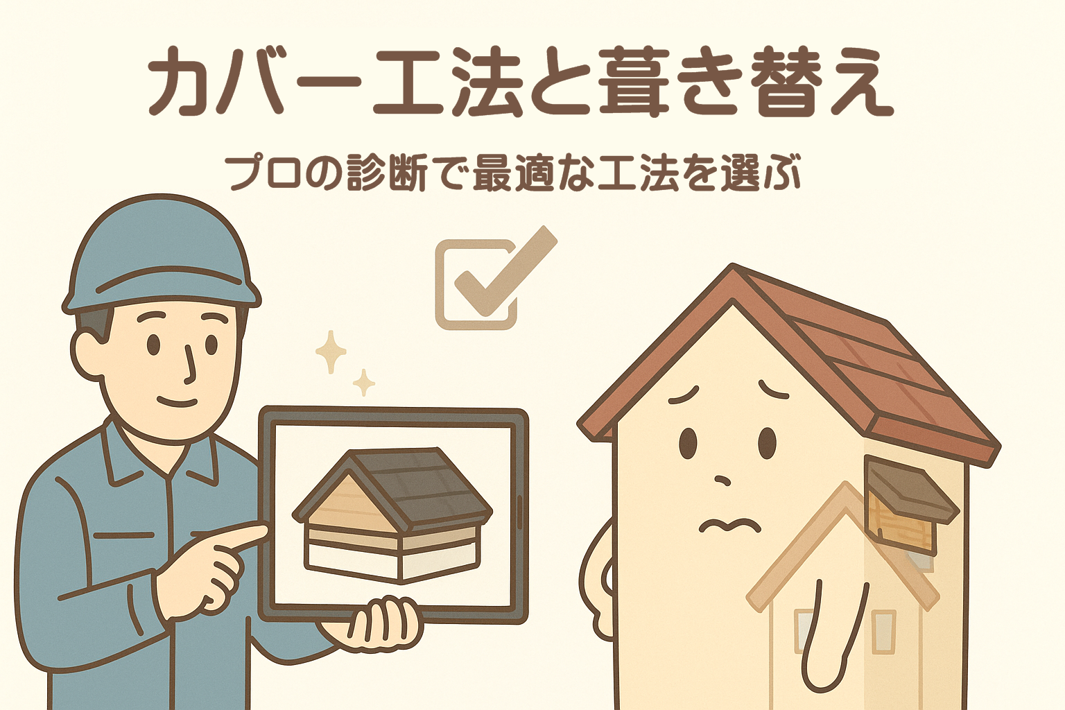 カバー工法と葺き替えの違いをプロ視点で判断するイメージイラスト