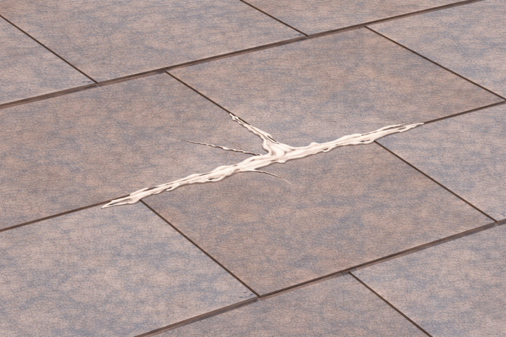 割れたスレート屋根材を接着剤で無理に固定している不適切な応急処置のイメージ
