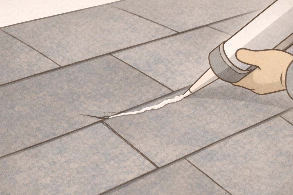 スレート屋根のひび割れ部分にコーキング材を充填して応急処置しているイメージ
