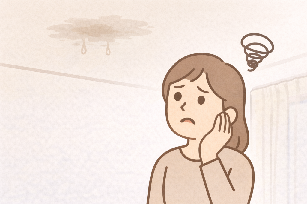 台風後の屋根被害を放置したことで雨漏りや内部劣化につながるイメージ
