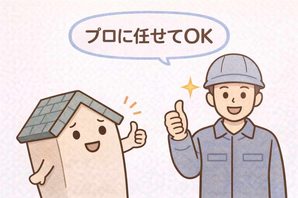 家キャラと屋根の専門作業員が安心して点検を任せてよいことを伝えるイメージ
