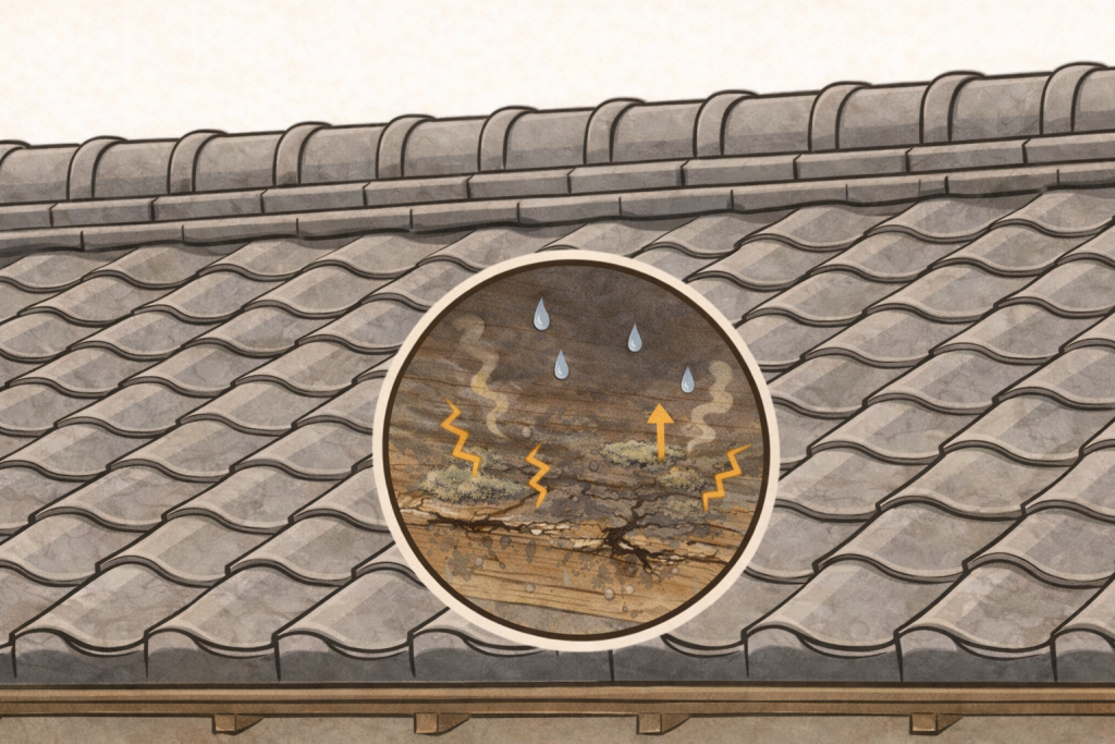 瓦屋根の下で進行する下地劣化の断面イメージ