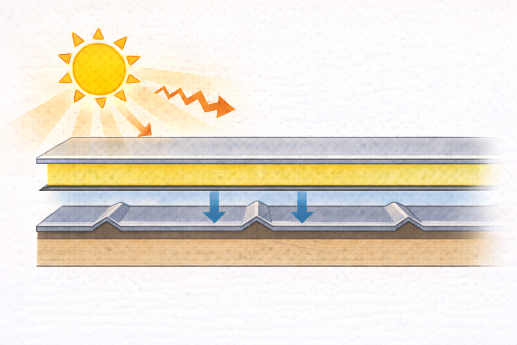 カバー工法で空気層が生まれ断熱効果が高まる金属屋根構造