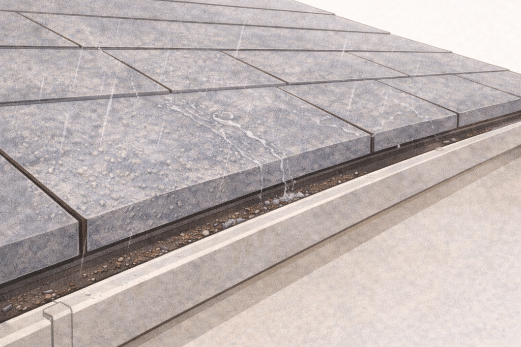 化粧スレート屋根の表面劣化で発生した微細な欠片が雨水とともに雨樋へ流れる仕組み
