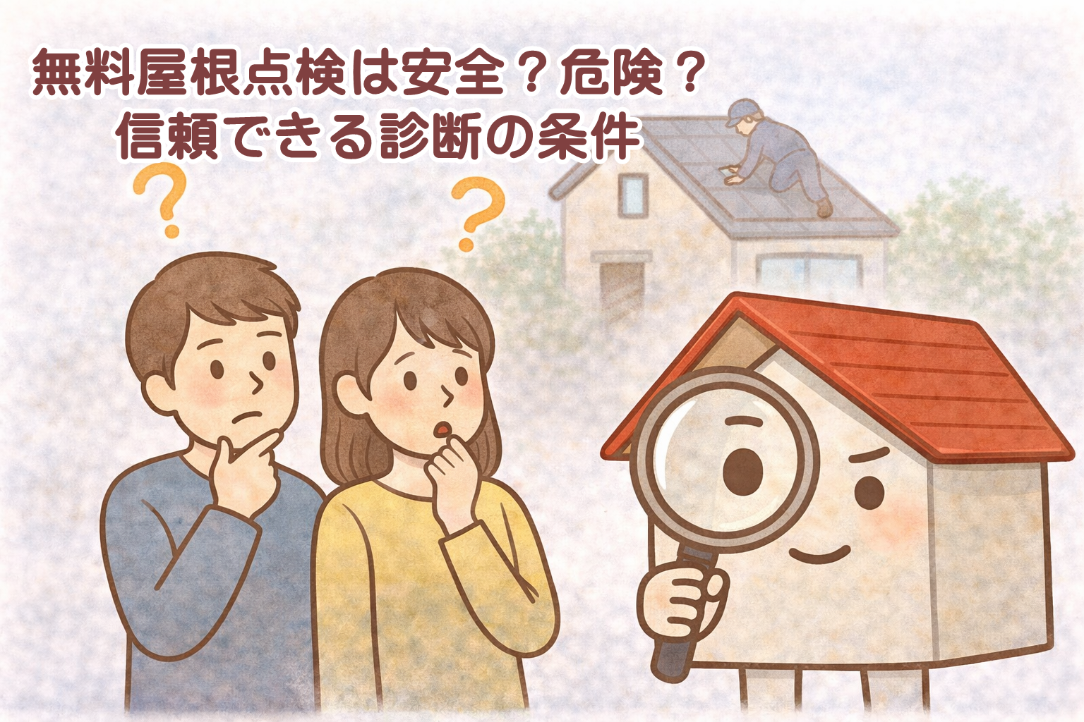 屋根の無料点検は安全か危険かを考えているイメージ