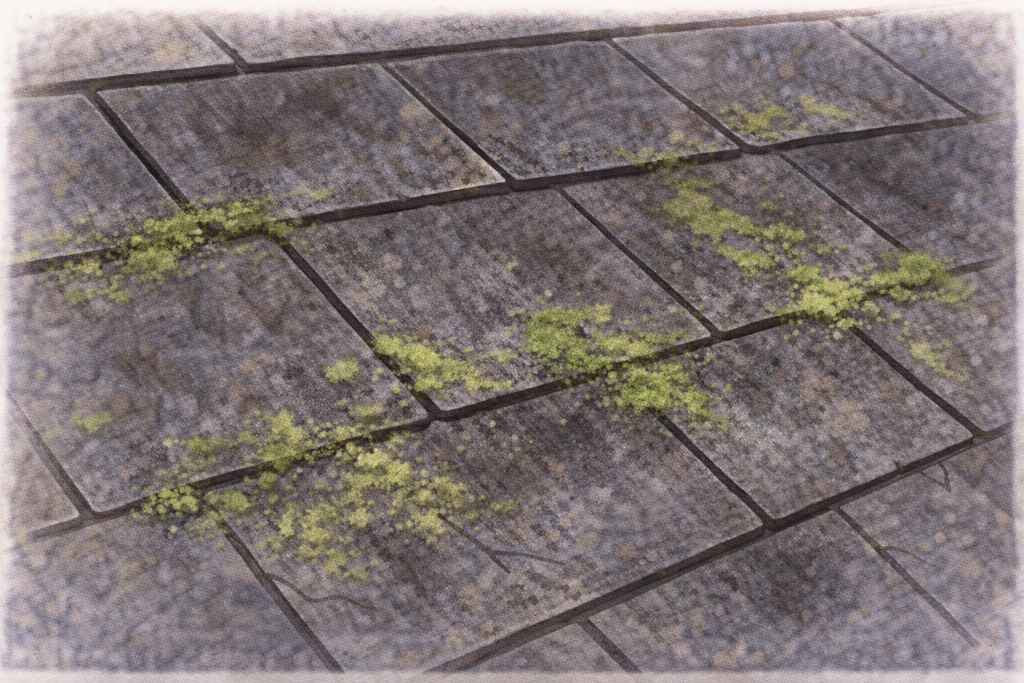 湿度の高い環境でスレート屋根にコケやカビが発生するイメージ
