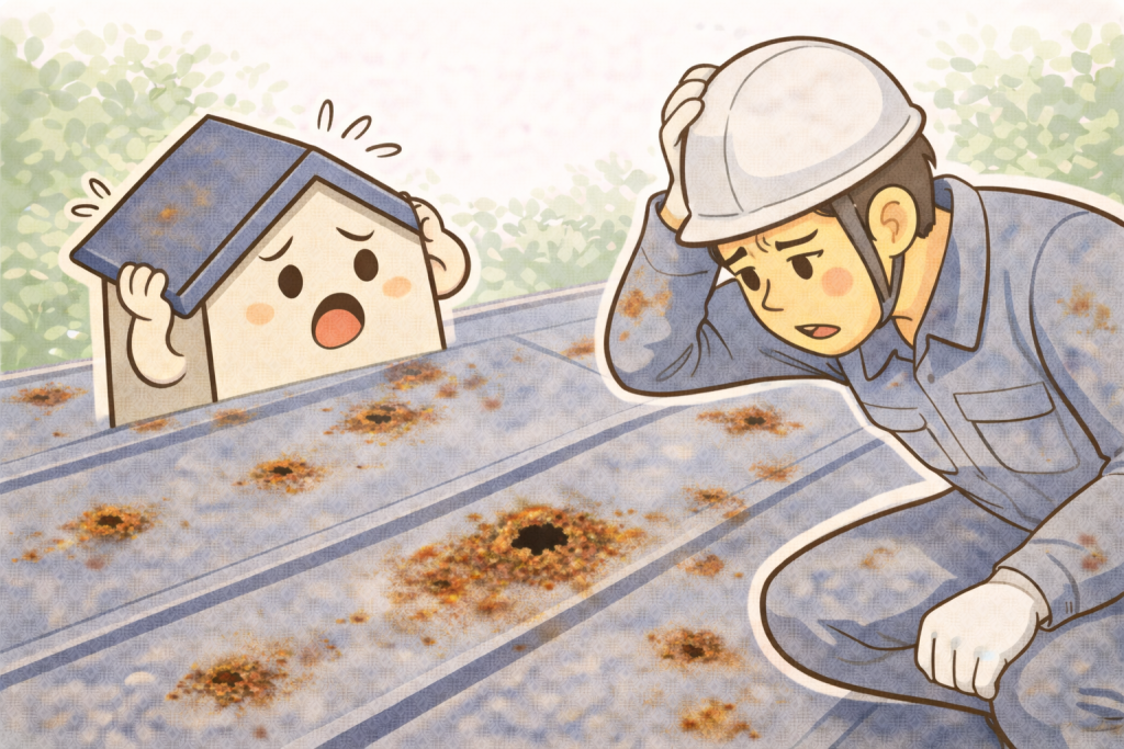 小さな穴の周囲にサビや塗膜劣化が広がっている金属屋根