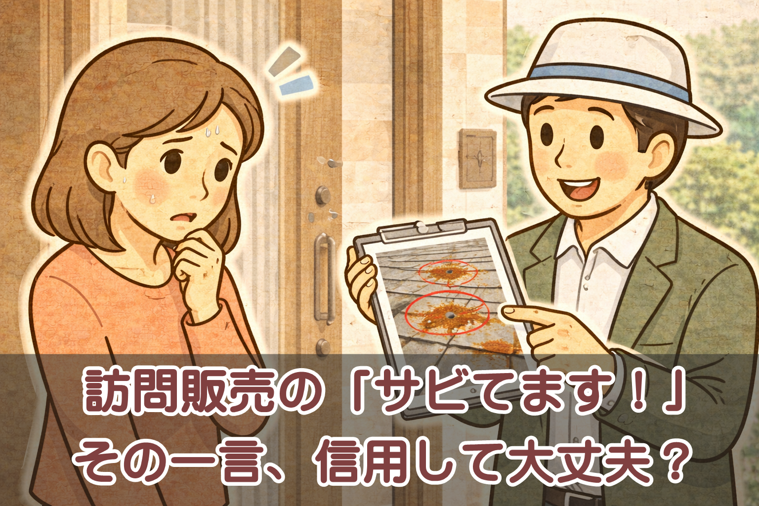 訪問販売で金属屋根のサビを指摘され、不安になりながらも冷静に判断しようとする様子