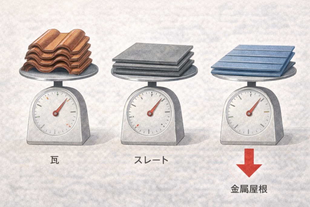 瓦屋根・スレート屋根・金属屋根の重量比較イメージ