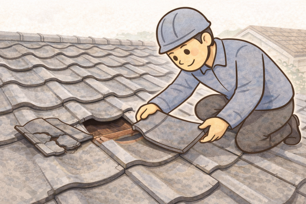 瓦屋根の一部を点検して部分補修を行うイメージ