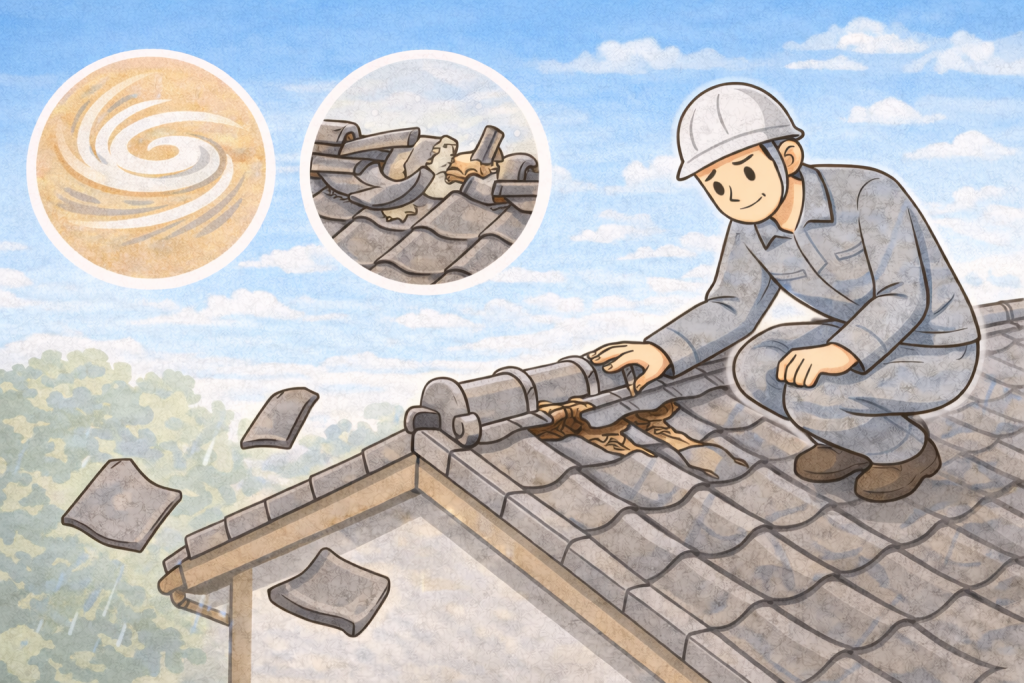 台風後に確認すべき瓦屋根のズレや棟の状態を示したイメージ