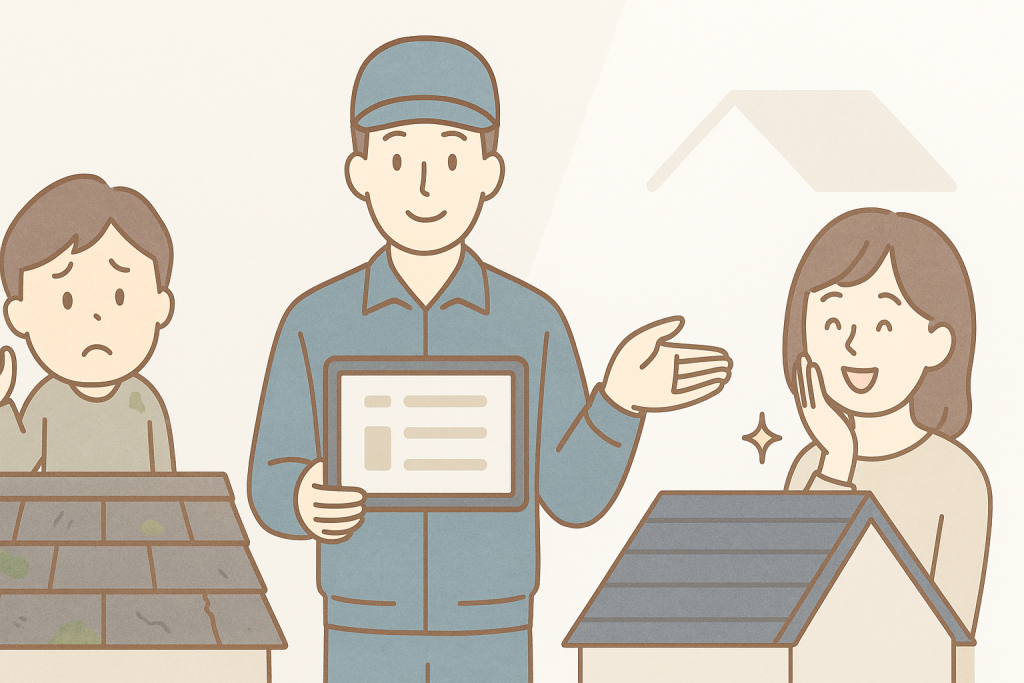 古い屋根と新しい屋根をビフォーアフターで比較し、作業員がタブレットで説明している様子を描いたイラスト。女性が安心してほほえんでいる。
