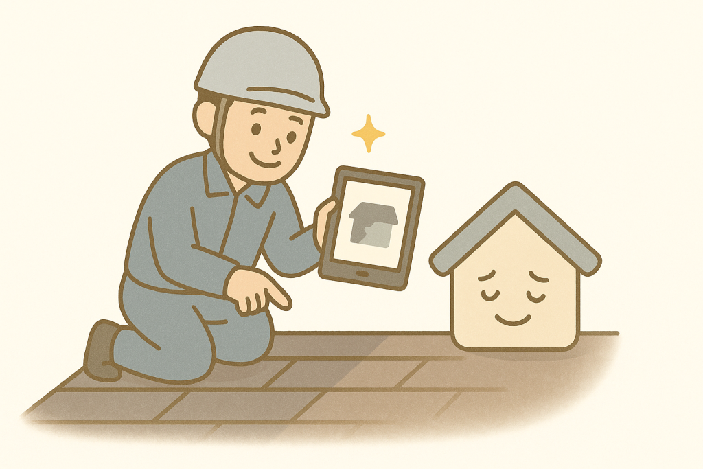 代表が屋根を点検し、タブレットで状態を丁寧に説明しているイメージイラスト。横で京キャラが安心した表情で見ている。
