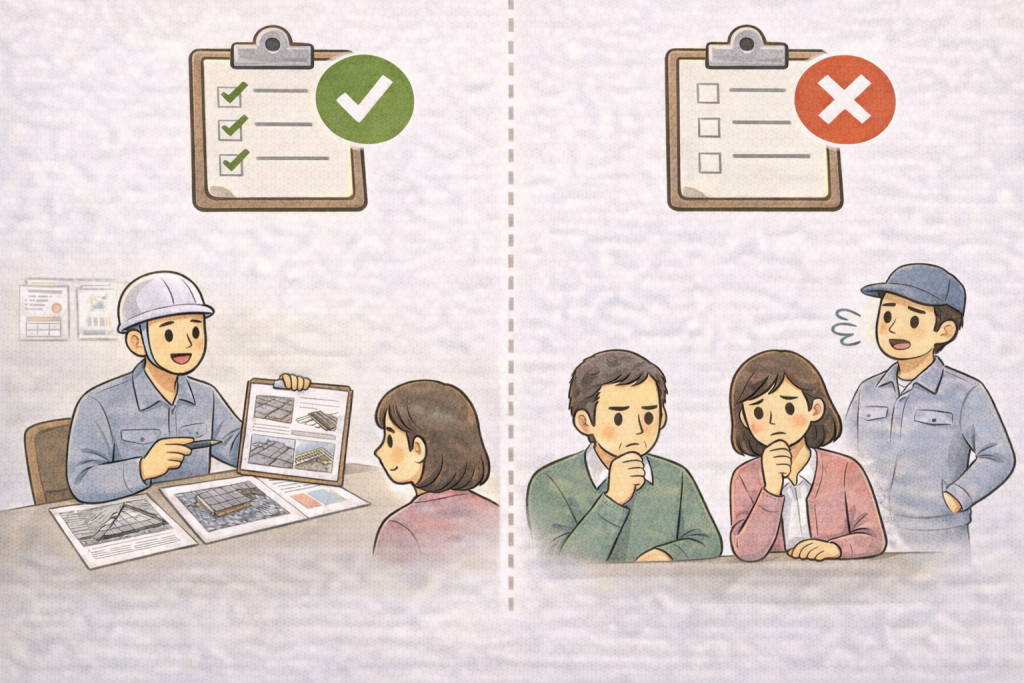 瓦屋根修理の相見積もりで業者の説明力に差があることを示すイメージ