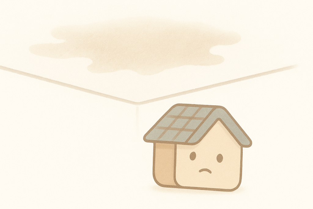 天井にシミができて雨漏りを心配する京キャラのイラスト