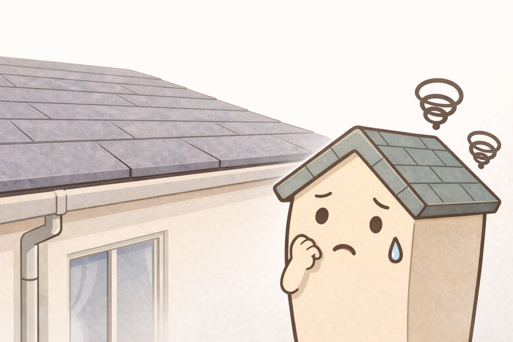 台風後に一見問題なさそうに見えるスレート屋根の外観
