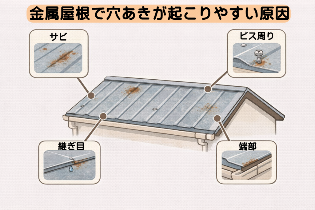 金属屋根で穴あきが起こりやすいサビやビス周り、継ぎ目の位置関係
