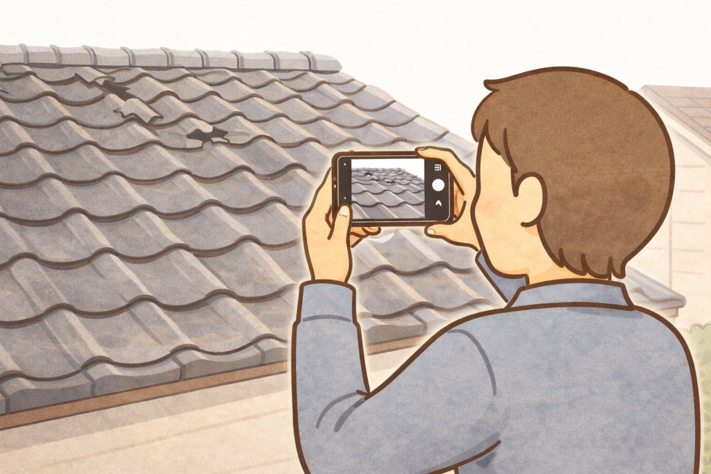 瓦が落下した状況を地上からスマートフォンで撮影している様子
