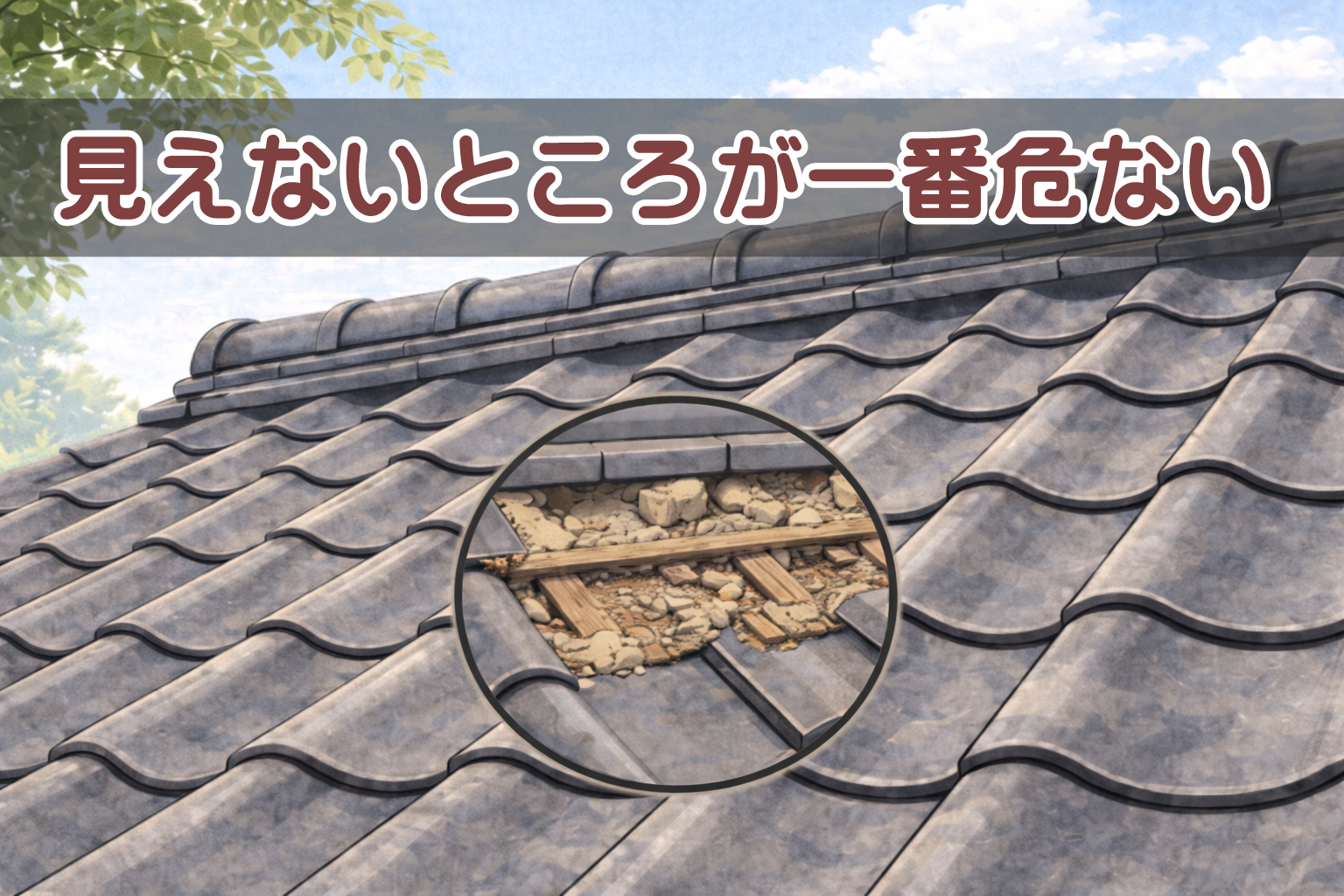 見た目は問題ないが下地劣化が進んでいる瓦屋根のイメージ