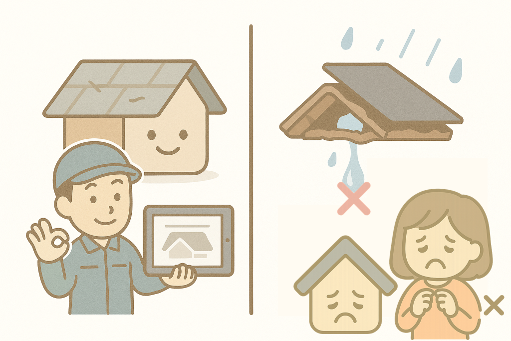 カバー工法に向いている屋根と向いていない屋根を比較した図解イラスト。軽度劣化の屋根と下地が腐食した屋根を京キャラが分かりやすく示している。
