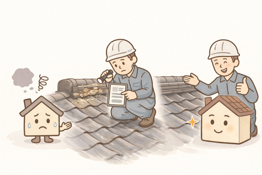 瓦屋根の漆喰状態を点検して確認している様子