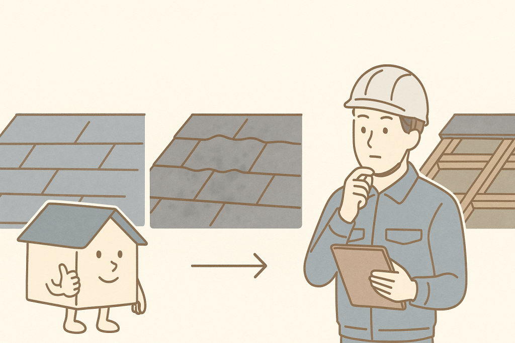 スレート屋根の状態から塗装か葺き替えを判断する流れのイメージ