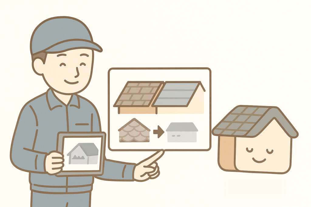 カバー工法で古い屋根の上に新しい金属屋根を重ねるイメージを描いたイラスト。作業員と京キャラが安心した表情で説明している。
