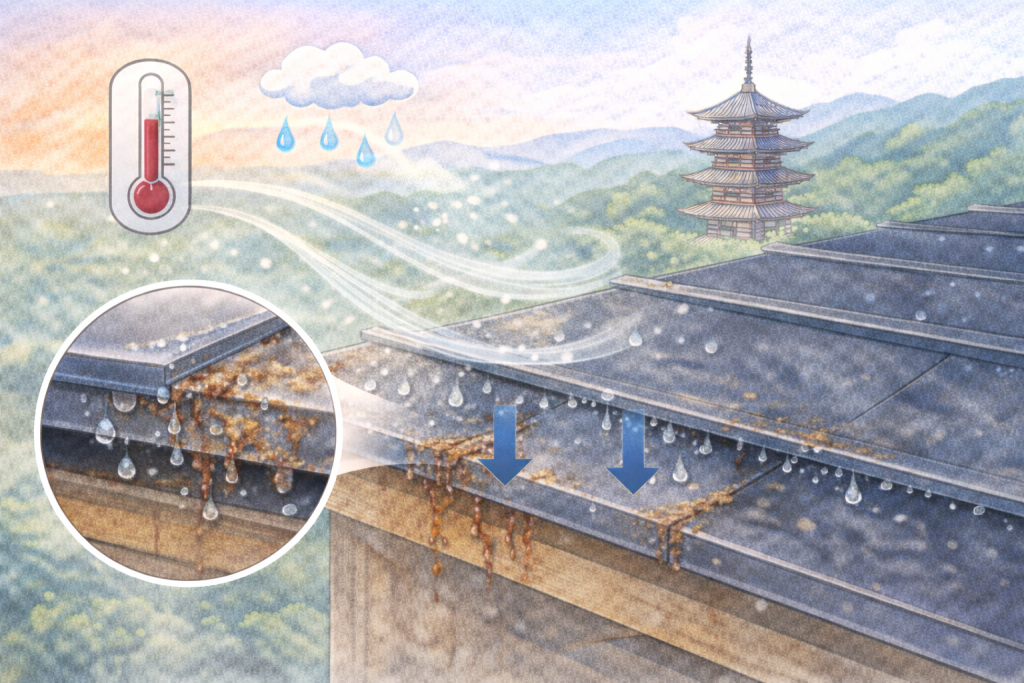 京都など内陸地域で起こりやすい金属屋根内部の結露リスク