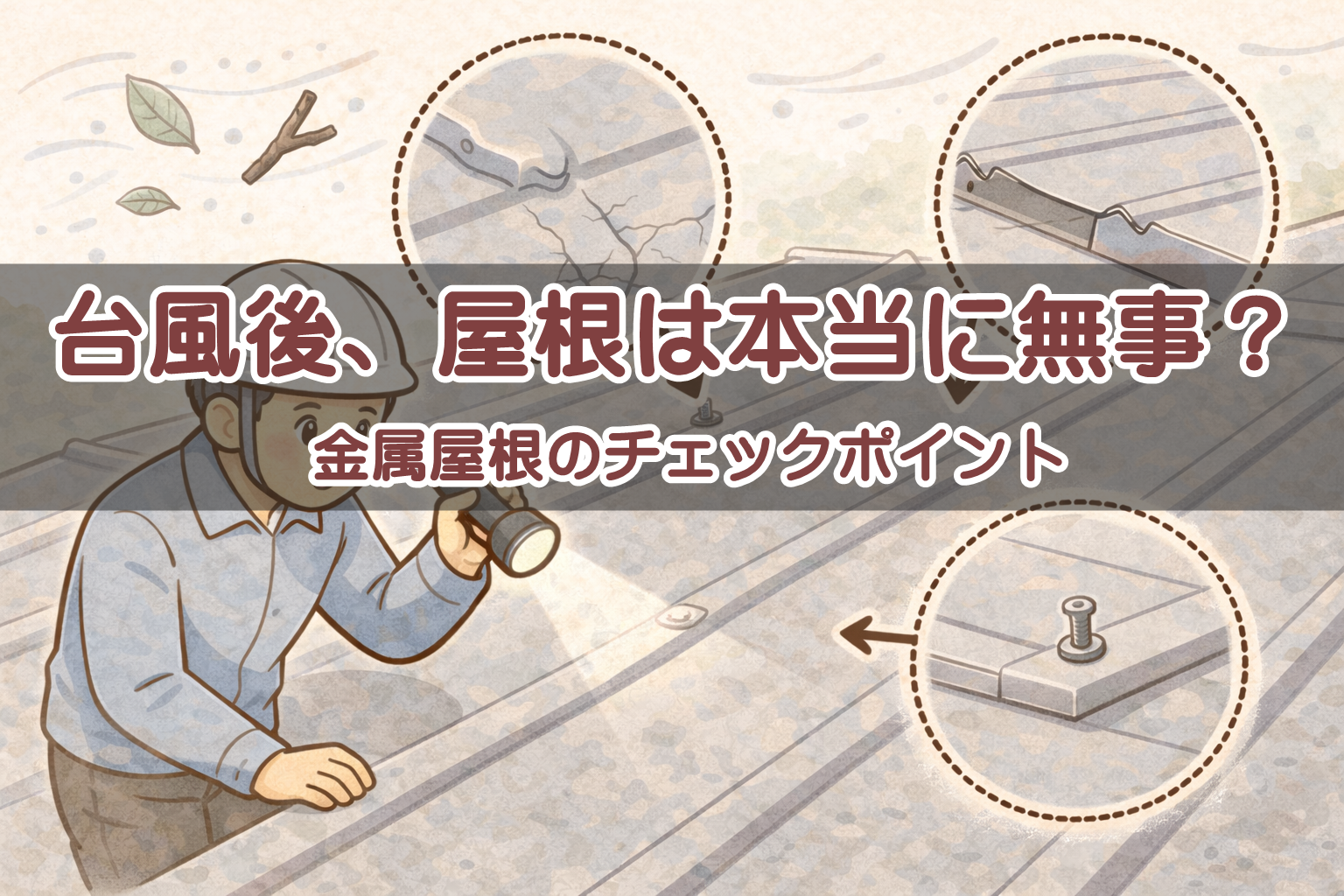 台風後に金属屋根のズレやビス浮きを確認している点検イメージ