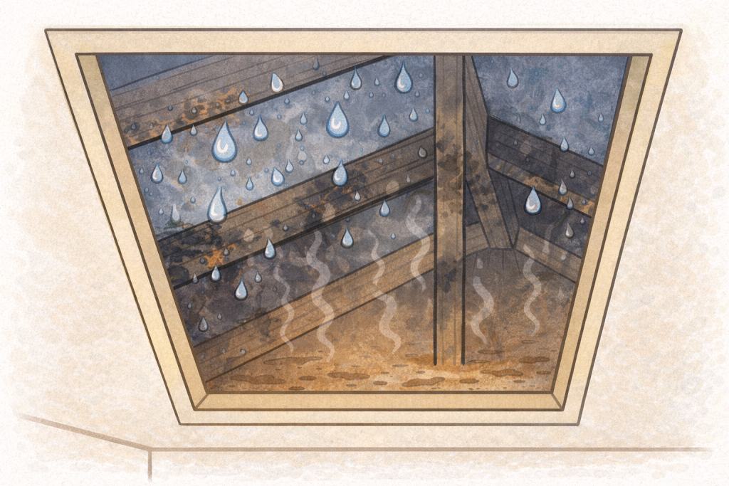 結露により屋根裏の木材が湿っている状態のイメージ