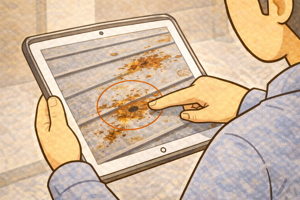 金属屋根の状態を写真で確認しながら説明を受けている様子